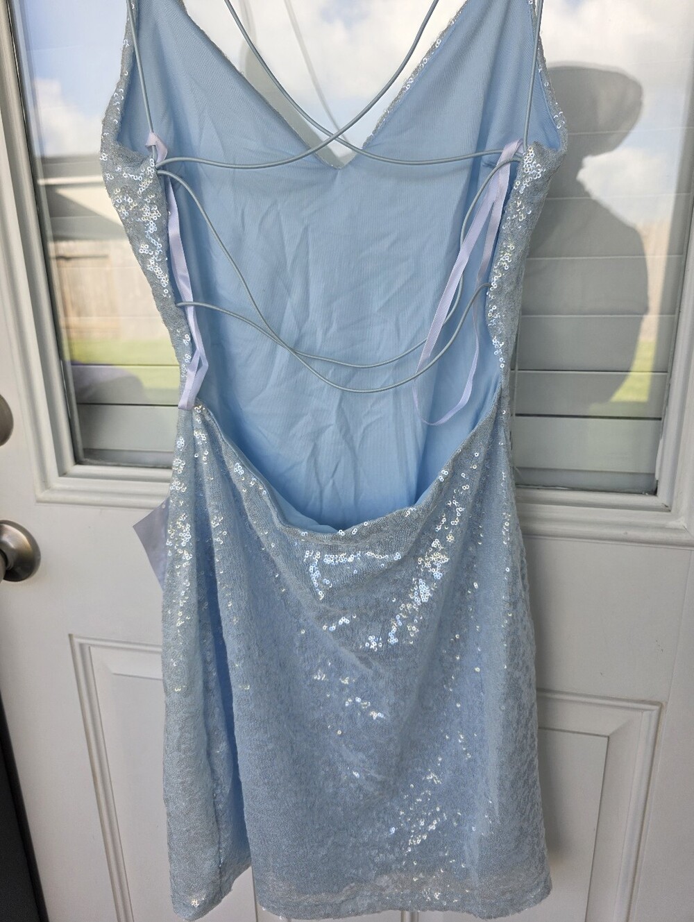 B Darlin Light Blue Sequin Mini Dress Spaghetti Strap V-Neck Party Size M NWT - Picture 9 of 9